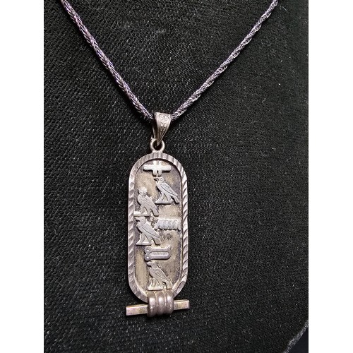 256 - 925 silver Egyptian hieroglyphics cartouche pendant set on a good long 21