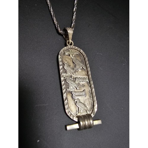 256 - 925 silver Egyptian hieroglyphics cartouche pendant set on a good long 21