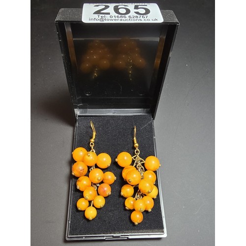 265 - Pair of vintage stunning genuine amber beaded drop earrings in the form of a bunch of grapes, each a... 