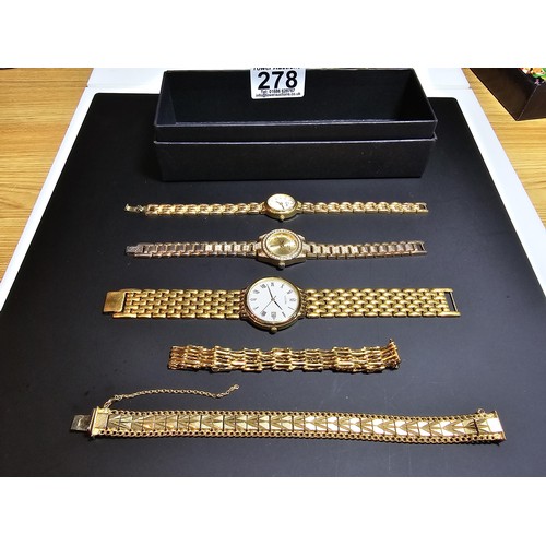 278 - 3x gold tone wrist watches inc a citizen along with an ornate gold plated bracelet and a gold plated... 