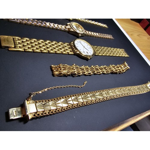 278 - 3x gold tone wrist watches inc a citizen along with an ornate gold plated bracelet and a gold plated... 