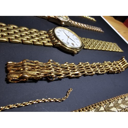 278 - 3x gold tone wrist watches inc a citizen along with an ornate gold plated bracelet and a gold plated... 