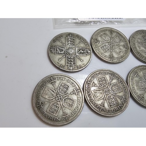 292 - Qty of 7x silver one florin coins (two shillings) all pre date 1947, total weight of 77.1g. Please s... 