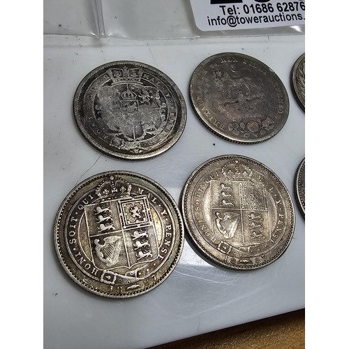 296 - Qty of 7x Antique Silver one shilling coins, which includes 2x Georgian coins 1819, 1829. total weig... 