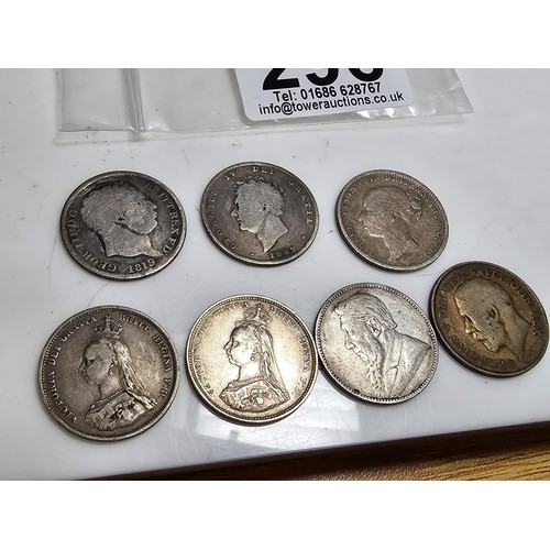 296 - Qty of 7x Antique Silver one shilling coins, which includes 2x Georgian coins 1819, 1829. total weig... 