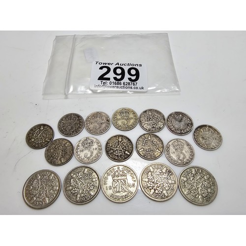 299 - Qty of 17x British Pre 1947 silver coins to inc. sixpences and threepences. Total weight of 30.2g