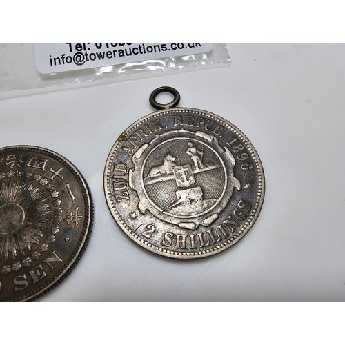 300 - 2x good antique silver coins to inc. an antique japanese 50 Sen silver coin and an antique 1896 S.Af... 