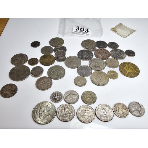 303 - qty of various coins from around the world to inc. 9x American coins some which have some silver con... 