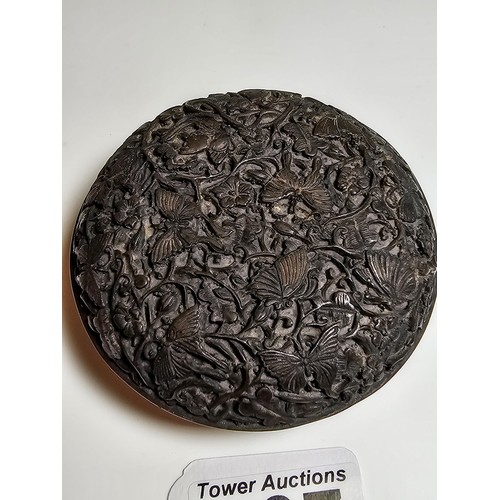 307 - Stunning carved lidded box depicting scenes of butterflies and flowers, made out of resin giving the... 