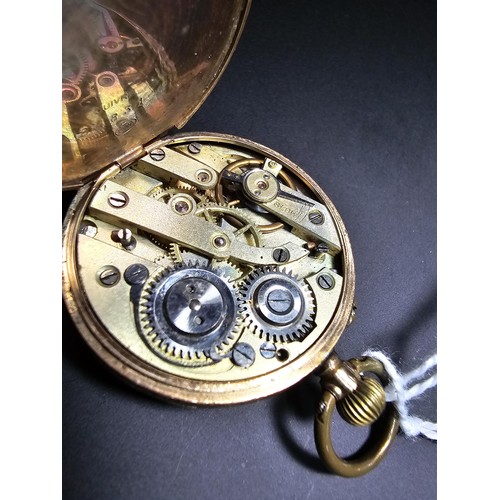 317 - 9ct Yellow Gold Fob Watch having an ornate engraved case marked 9K inside. Watch has a total weight ... 