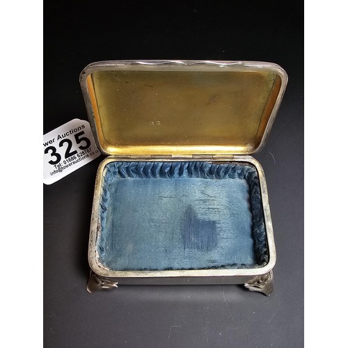 325 - Fine quality hallmarked silver footed lidded box featuring a blue Guilloche enamel top hallmarked to... 