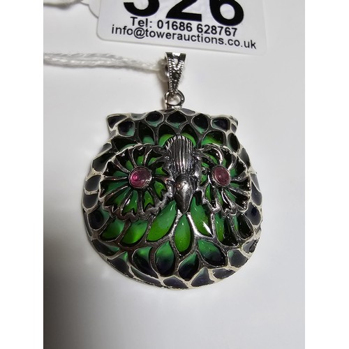 326 - Very pretty 925 silver owl head pendant featuring genuine ruby gemstone eyes and stained glass backi... 