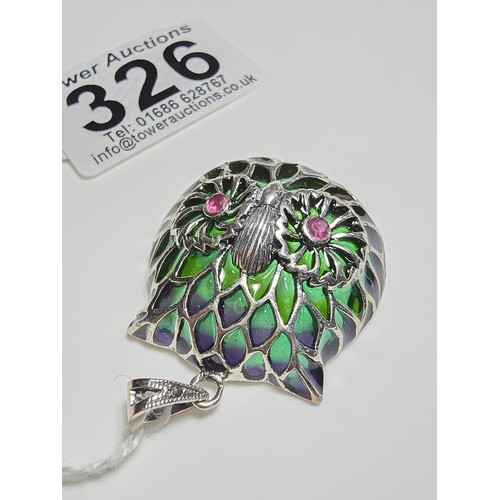 326 - Very pretty 925 silver owl head pendant featuring genuine ruby gemstone eyes and stained glass backi... 