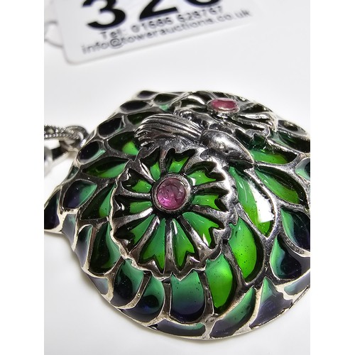 326 - Very pretty 925 silver owl head pendant featuring genuine ruby gemstone eyes and stained glass backi... 