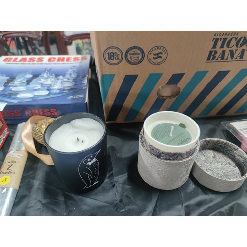 92 - Box of collectables and games inc scented candles, quantity of Laura Ashley wallpaper border, board ... 