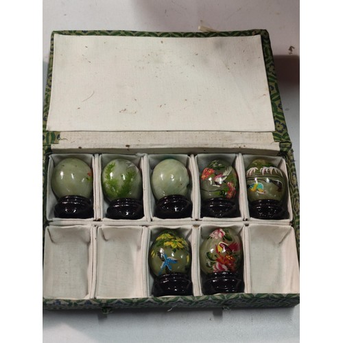 93 - Oriental box containing 7x mini glass eggs on small wooden plinths, back brace by Kedley, an adjusta... 