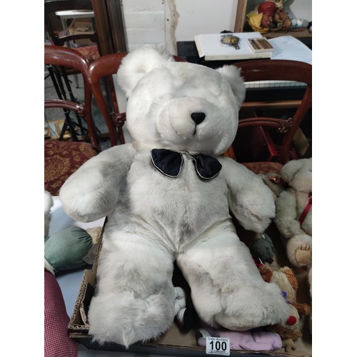 100 - Box containing a quantity of plush teddy bears inc a Always and Forever bear, a large grey bear with... 