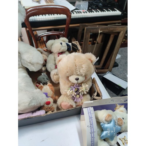 100 - Box containing a quantity of plush teddy bears inc a Always and Forever bear, a large grey bear with... 