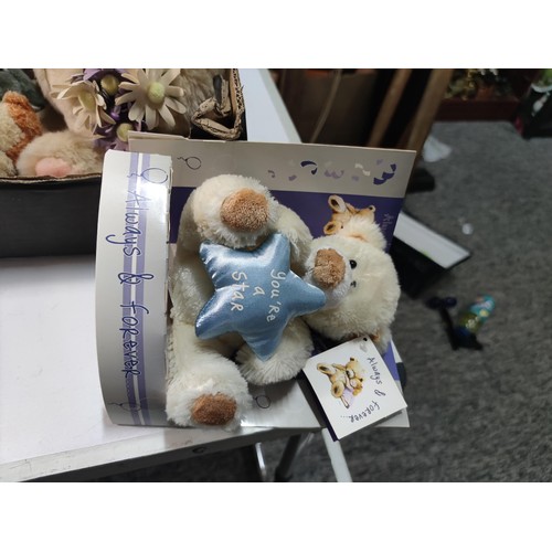 100 - Box containing a quantity of plush teddy bears inc a Always and Forever bear, a large grey bear with... 