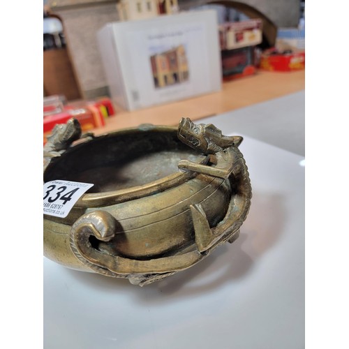 334 - Antique Chinese Bronze brush washer bowl with well cast salamander handles to each side, the base is... 