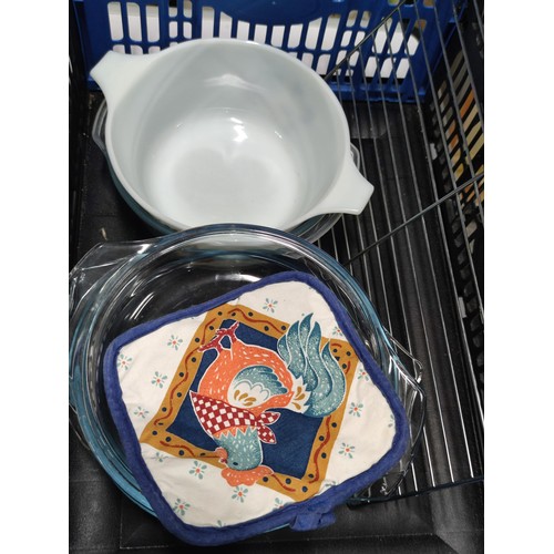 105 - Crate containing a large quantity of kitchen related items inc an elephant formed tea cosy, 2x gradu... 