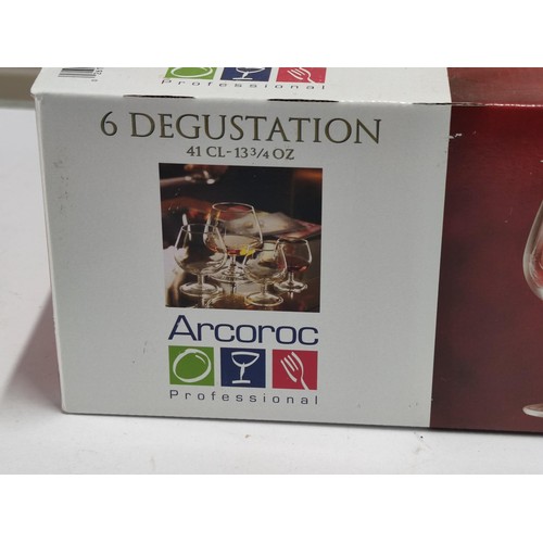 108 - 2x boxes of as new Arcoroc glasses each box contains 6 brandy glasses in good order