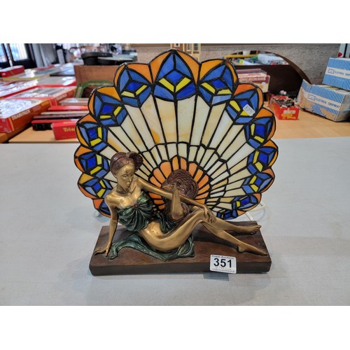 351 - Pretty art deco style figural table lamp featuring a recumbent lady and a peacock with it's tail fea... 