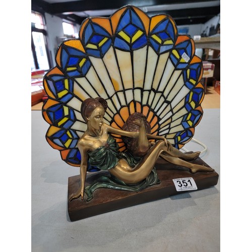 351 - Pretty art deco style figural table lamp featuring a recumbent lady and a peacock with it's tail fea... 