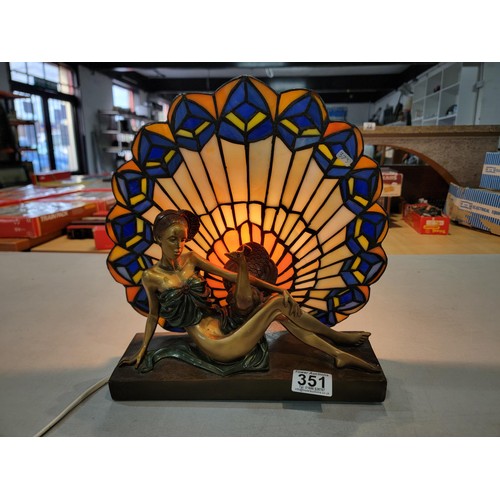 351 - Pretty art deco style figural table lamp featuring a recumbent lady and a peacock with it's tail fea... 