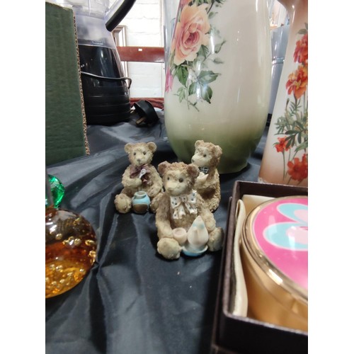 123 - 2x boxes of collectables inc glass stem vases, ceramic vases, 3x teddy bears, quantity of candles al... 