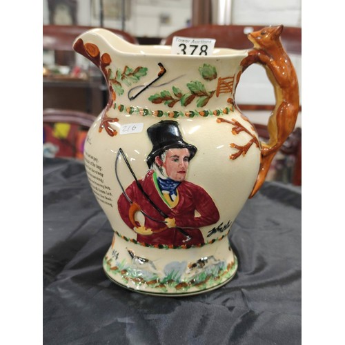 378 - A large hand painted John Peel musical jug with John Peel poem to the front, contains fox handle (mi... 