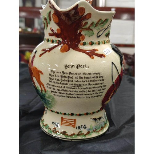 378 - A large hand painted John Peel musical jug with John Peel poem to the front, contains fox handle (mi... 