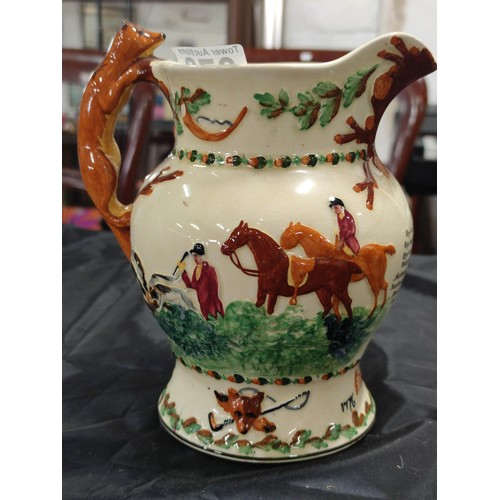 378 - A large hand painted John Peel musical jug with John Peel poem to the front, contains fox handle (mi... 