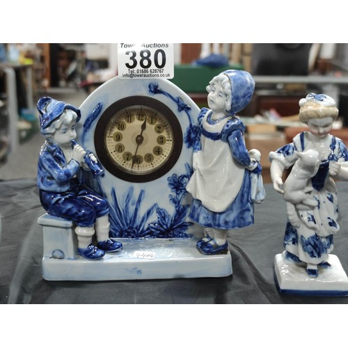 380 - A quantity of Delftware, (2 items marked Delft) includes a ceramic wind up clock.