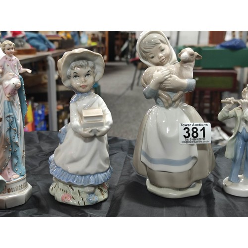 381 - A quantity of various vintage figurines including a Lladro Nao figurine, Goebel lady figurine, etc.