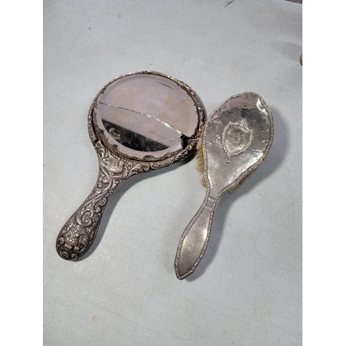 370 - Quantity of plated ware inc a plated hand mirror, clothes brush, three tier table candelabra, wooden... 