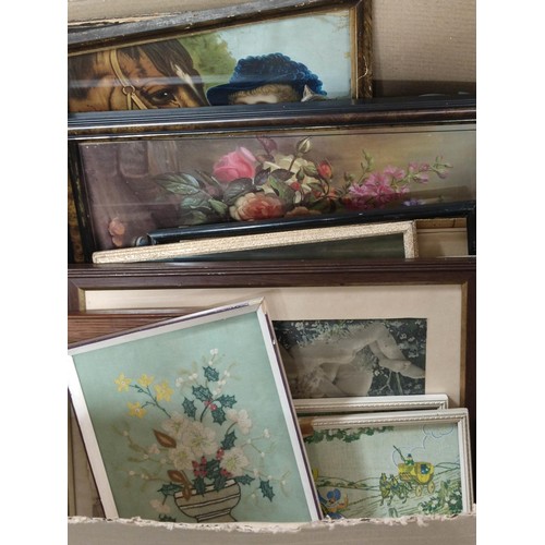 399 - A box full of vintage and antique prints along with 3 vintage wooden picture frames, the collection ... 