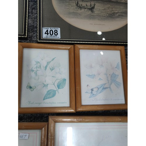 408 - A quantity of framed and glazed prints on various subjects. Height of the largest 21.5cm x 27cm.