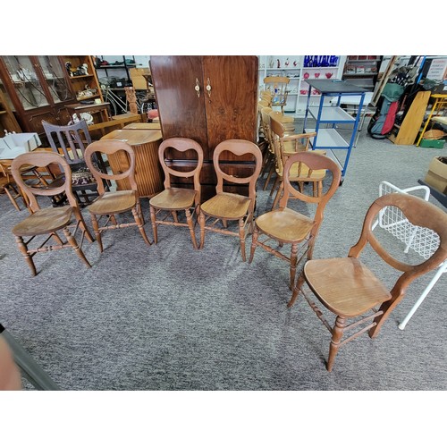 571 - 6 Solid elm country balloon back chairs. all with turned legs and in good sturdy condition with aged... 