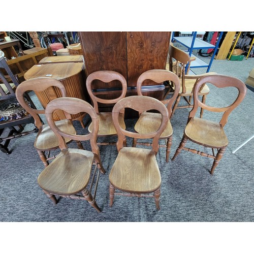 571 - 6 Solid elm country balloon back chairs. all with turned legs and in good sturdy condition with aged... 