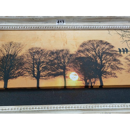 413 - A wide rectangular white distressed framed Canvas print of a sunset scene with a 3D step design. Len... 