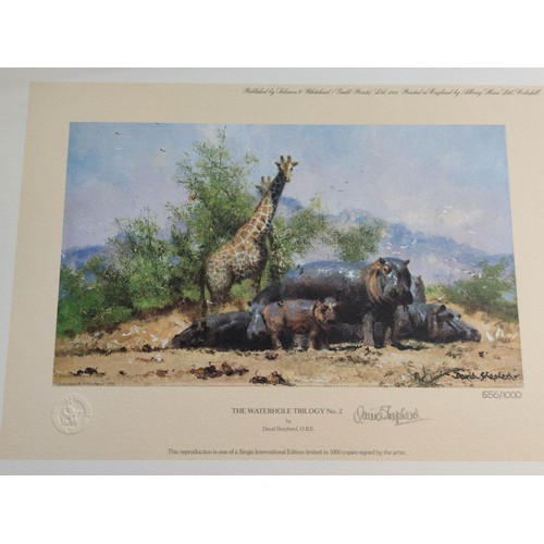 414 - 3x limited edition hand signed prints by David shepherd of the Waterhole trilogy. Has a retail price... 