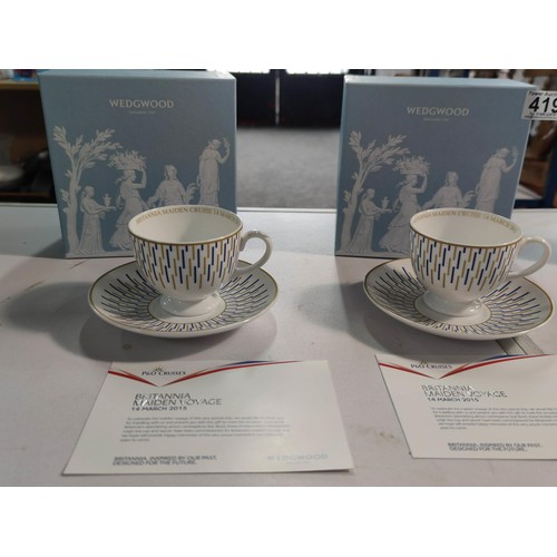 419 - Pair boxed Wedgwood Britannia Maiden Cruise Teacups & Saucers - 14 March 2015 along with Original Da... 