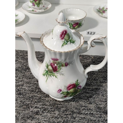 422 - Royal Albert Highland Thistle part coffee set - 2x cups, 6x saucers & coffee pot. All in good condit... 