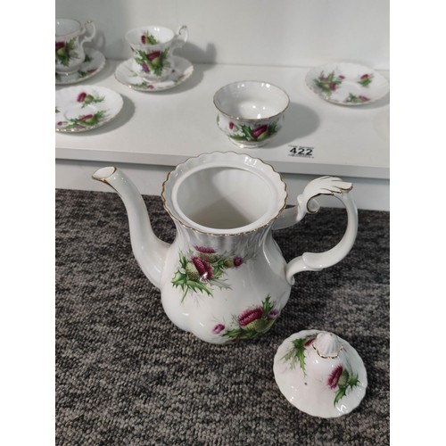 422 - Royal Albert Highland Thistle part coffee set - 2x cups, 6x saucers & coffee pot. All in good condit... 