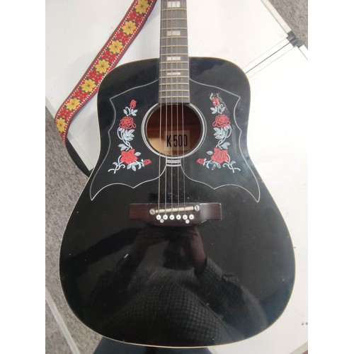 433 - Full size black acoustic guitar complete with strap. K-500 label inside.