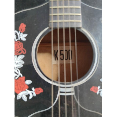 433 - Full size black acoustic guitar complete with strap. K-500 label inside.