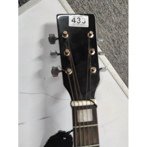 433 - Full size black acoustic guitar complete with strap. K-500 label inside.