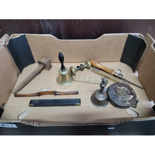 481 - Box containing a quantity of vintage tool items inc blow torches, planes, spirit levels and bells et... 