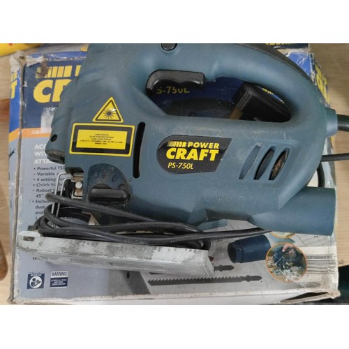 437 - Quantity of tools inc boxed craft PS-750l jigsaw along with knee pads Wolf drill, hand drill, tin of... 